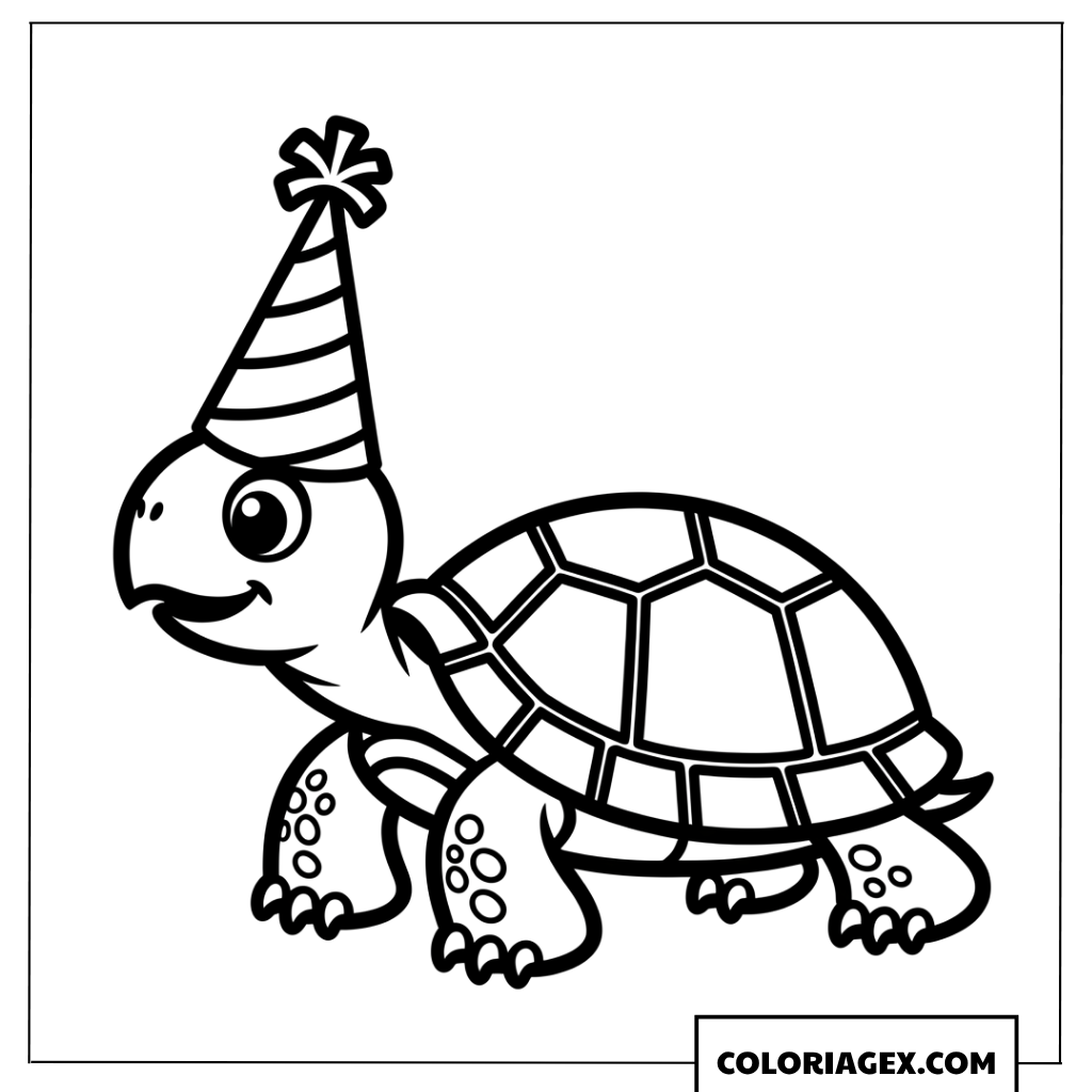 Dessin d un jeune tortue avec un grand chapeau d anniversaire a colorier