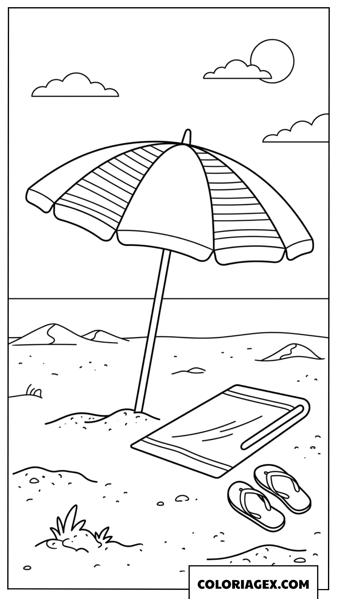 Dessin d un parasol rayé à côté d une serviette sur le sable