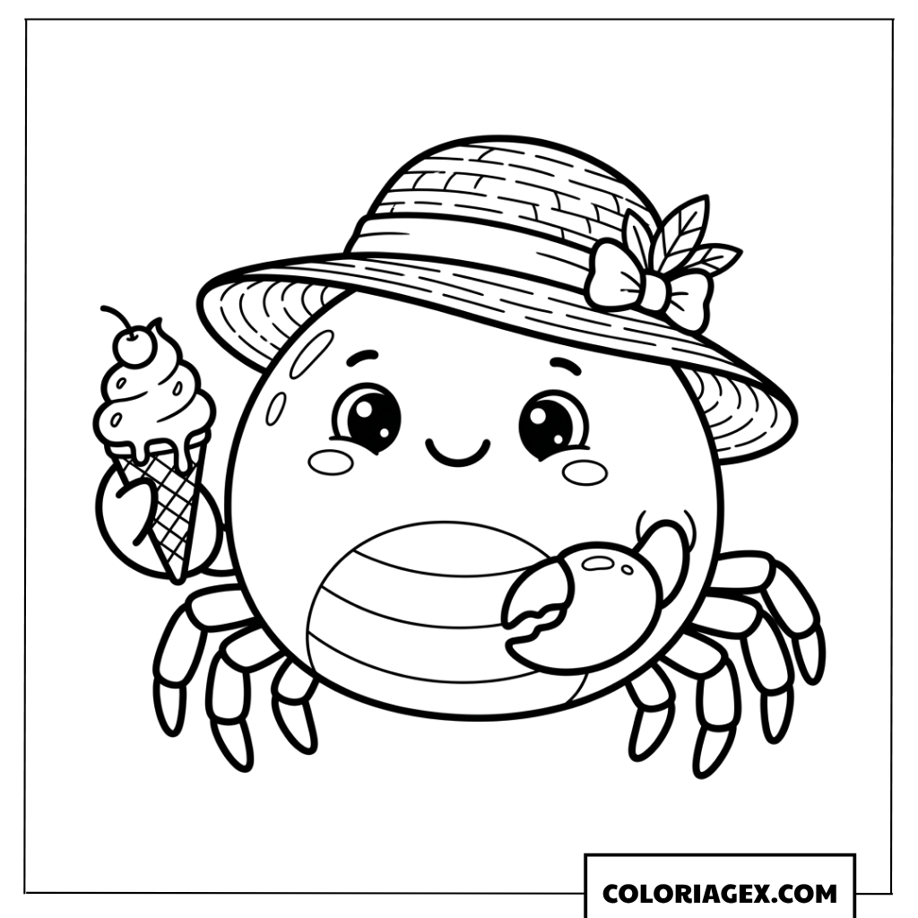 Dessin d un petit crabe mignon portant un chapeau et mangeant une glace