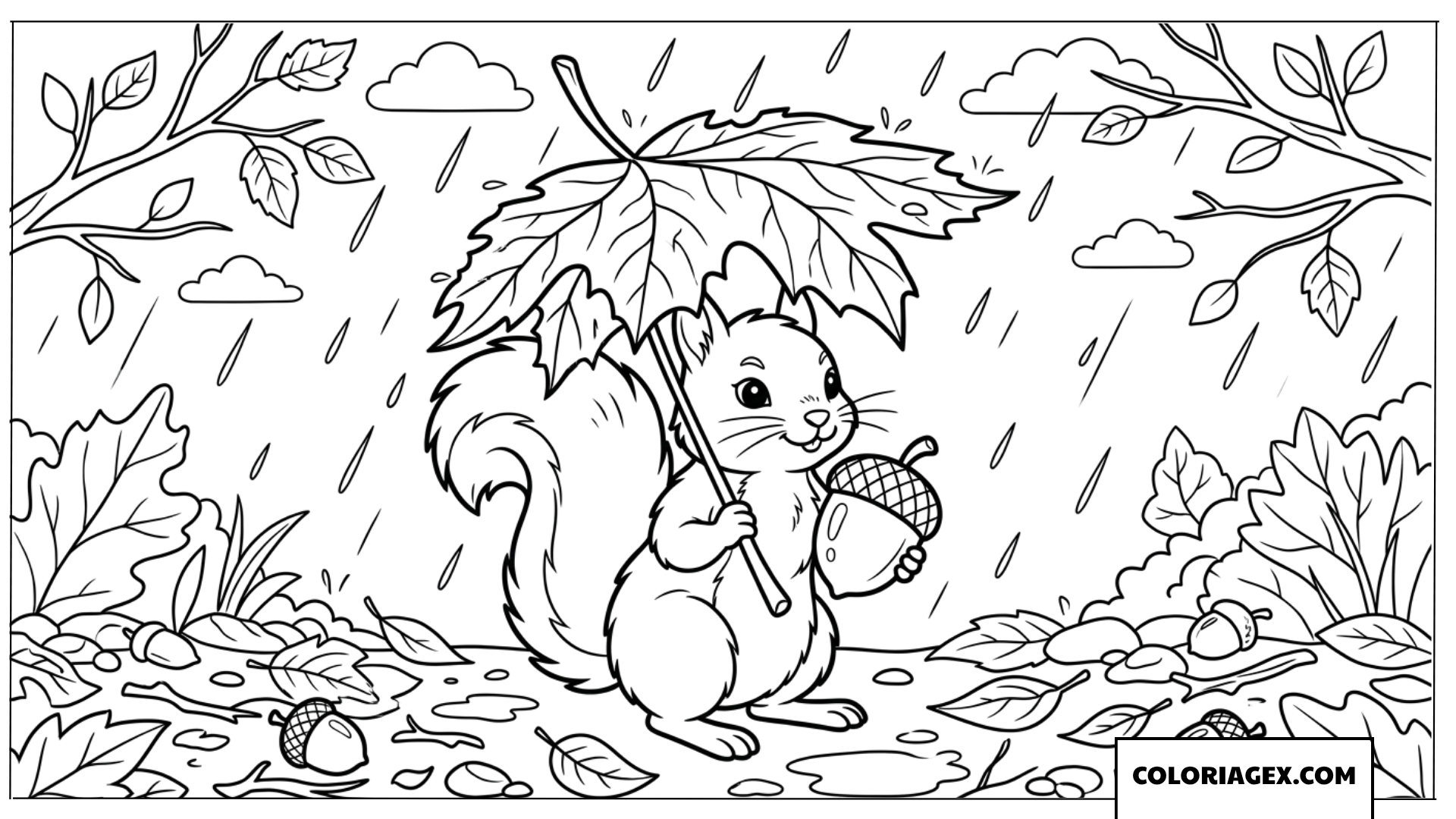 Dessin d un petit ecureuil sous un parapluie feuille