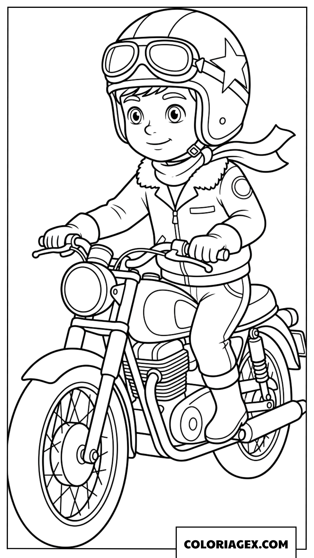 Dessin d un petit garcon avec un casque de pilote conduisant une moto