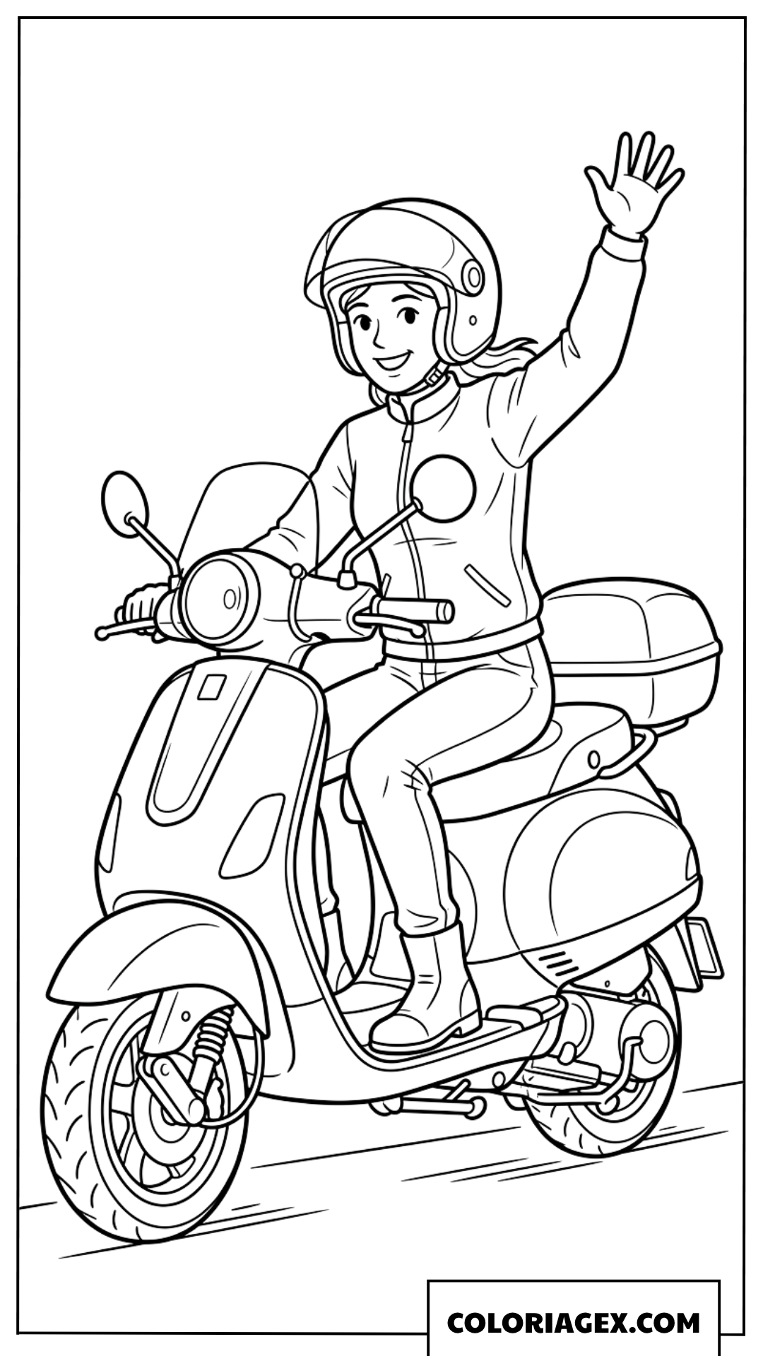 Dessin d une femme motarde souriante qui salue en conduisant un scooter