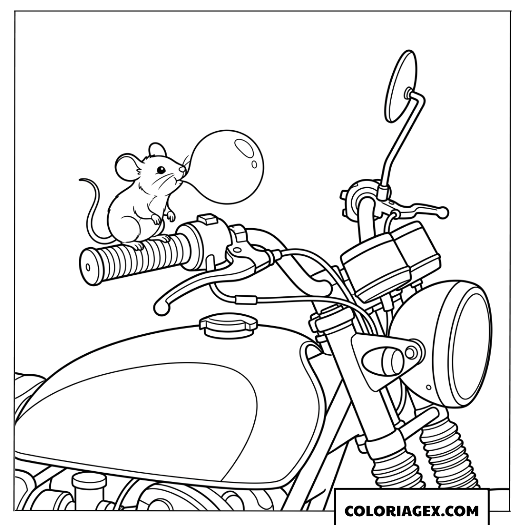 Dessin d une petite souris soufflant une bulle sur la moto