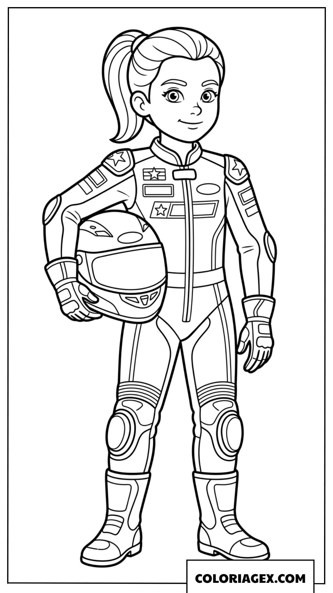 Dessin d une pilote de course feminine tenant son casque de securite