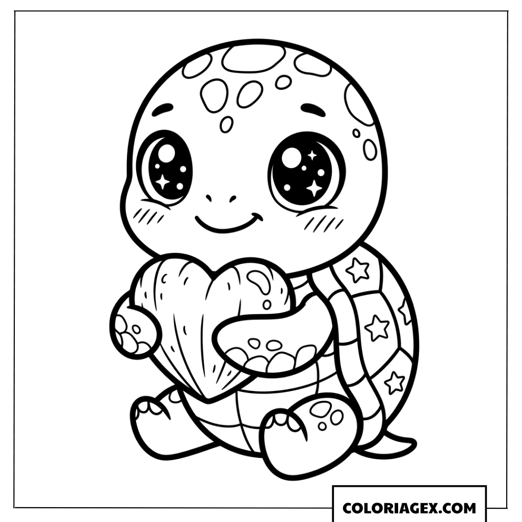 Dessin d une tortue chibi mignonne qui serre un coquillage