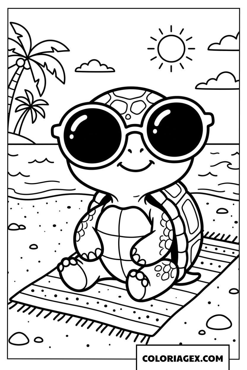 Dessin d une tortue cool avec des lunettes de soleil a la plage