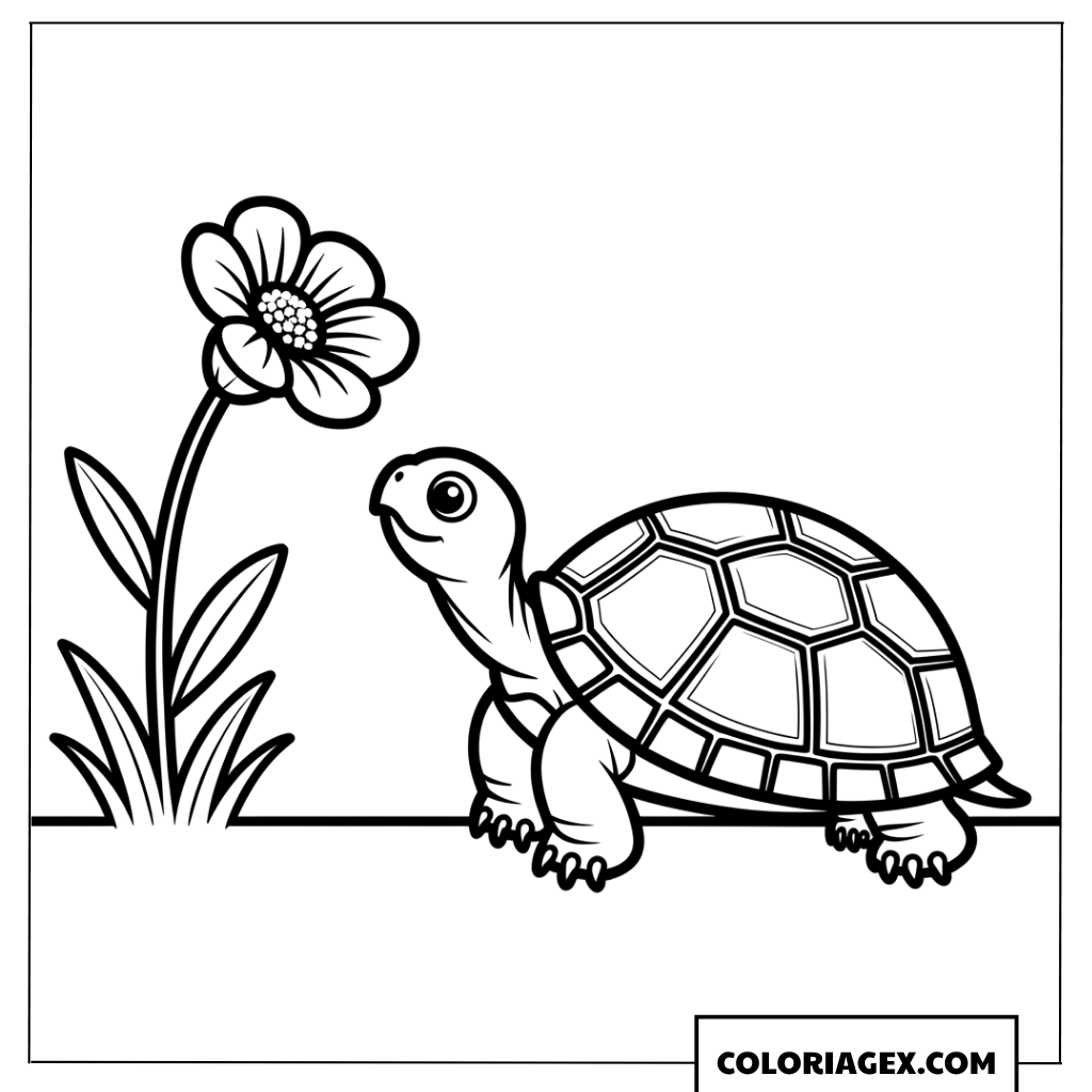 Dessin d une tortue curieuse regardant une grande fleur de jardin