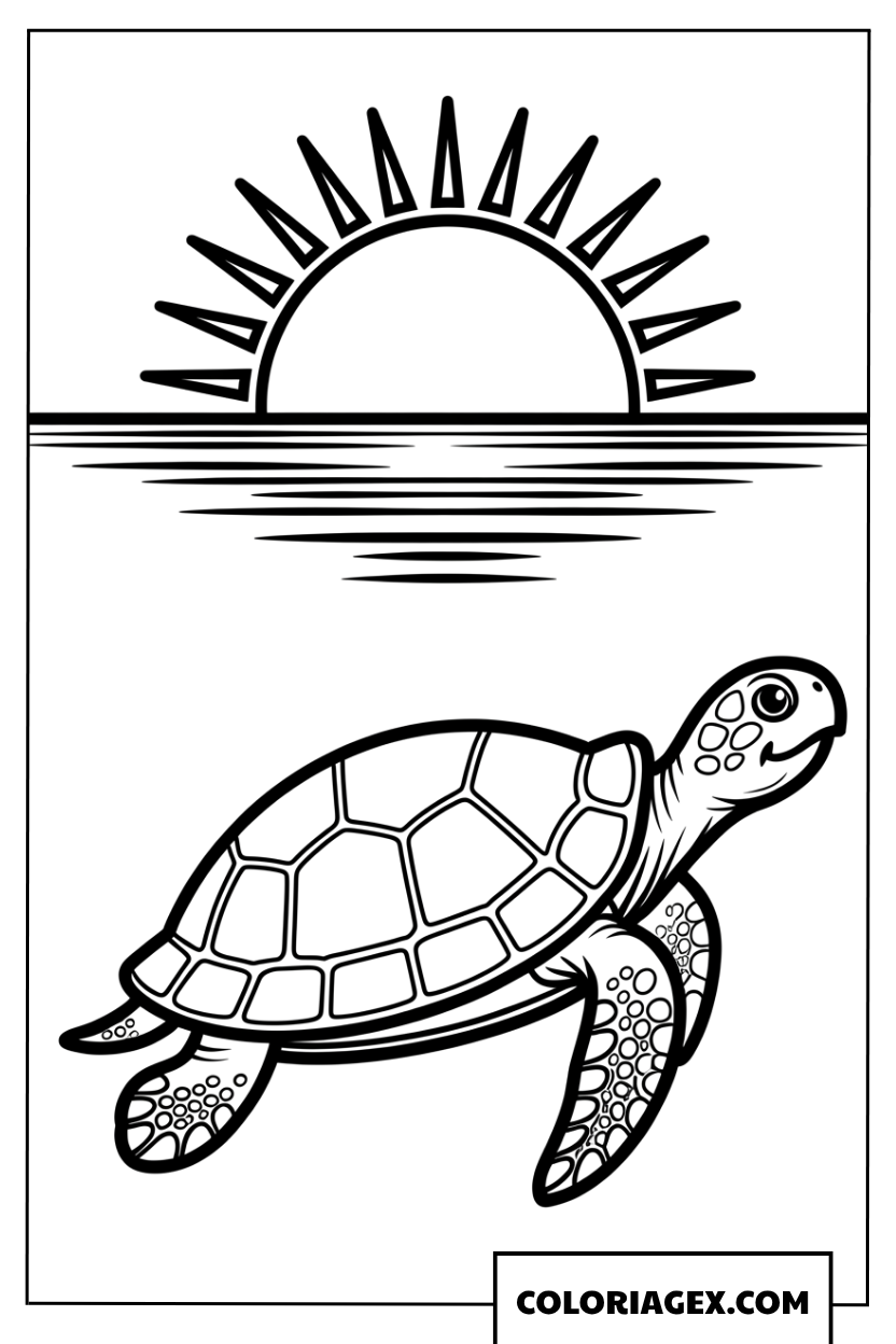 Dessin d une tortue marine simple sous le coucher du soleil
