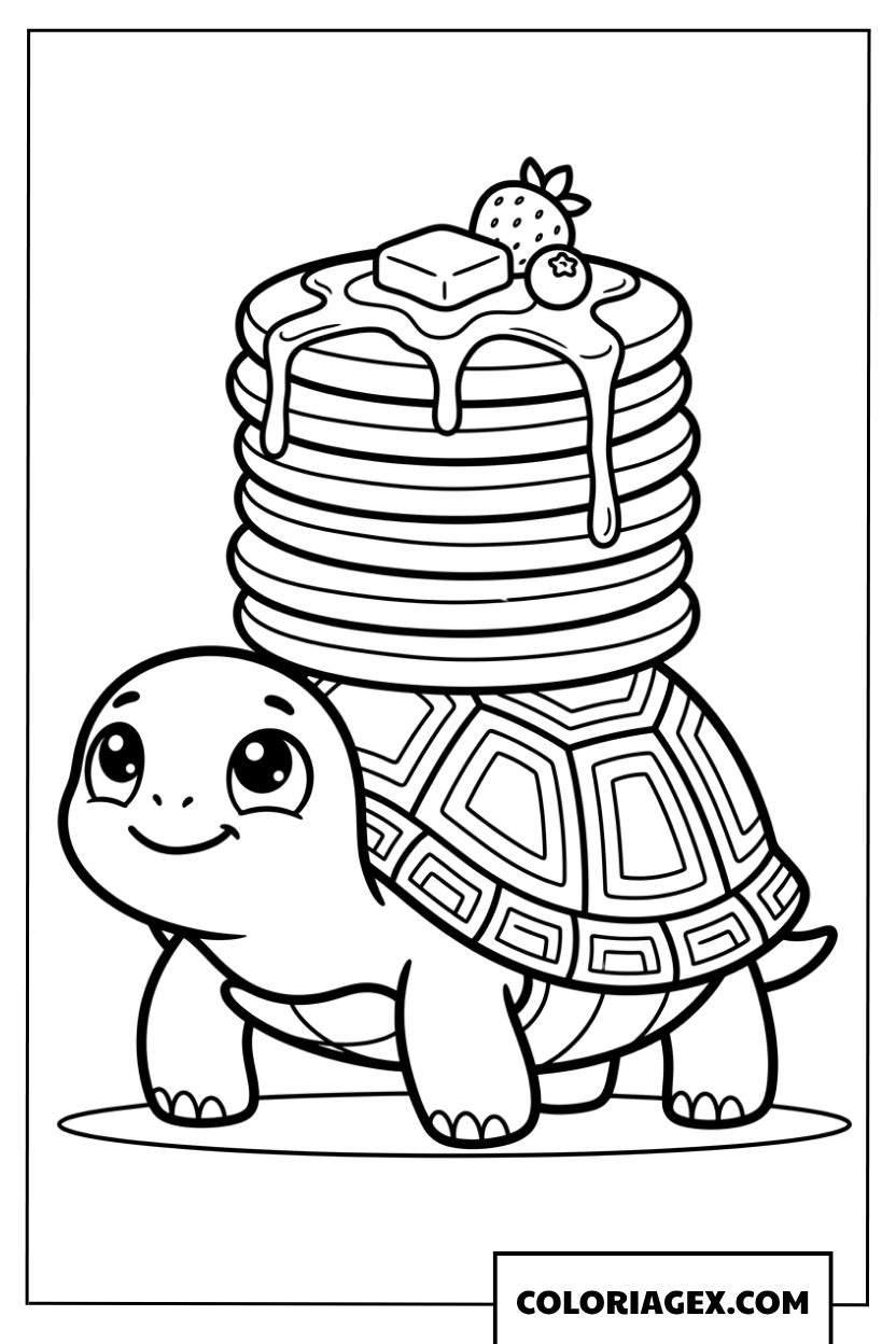 Dessin d une tortue rigolote portant une pile de pancakes
