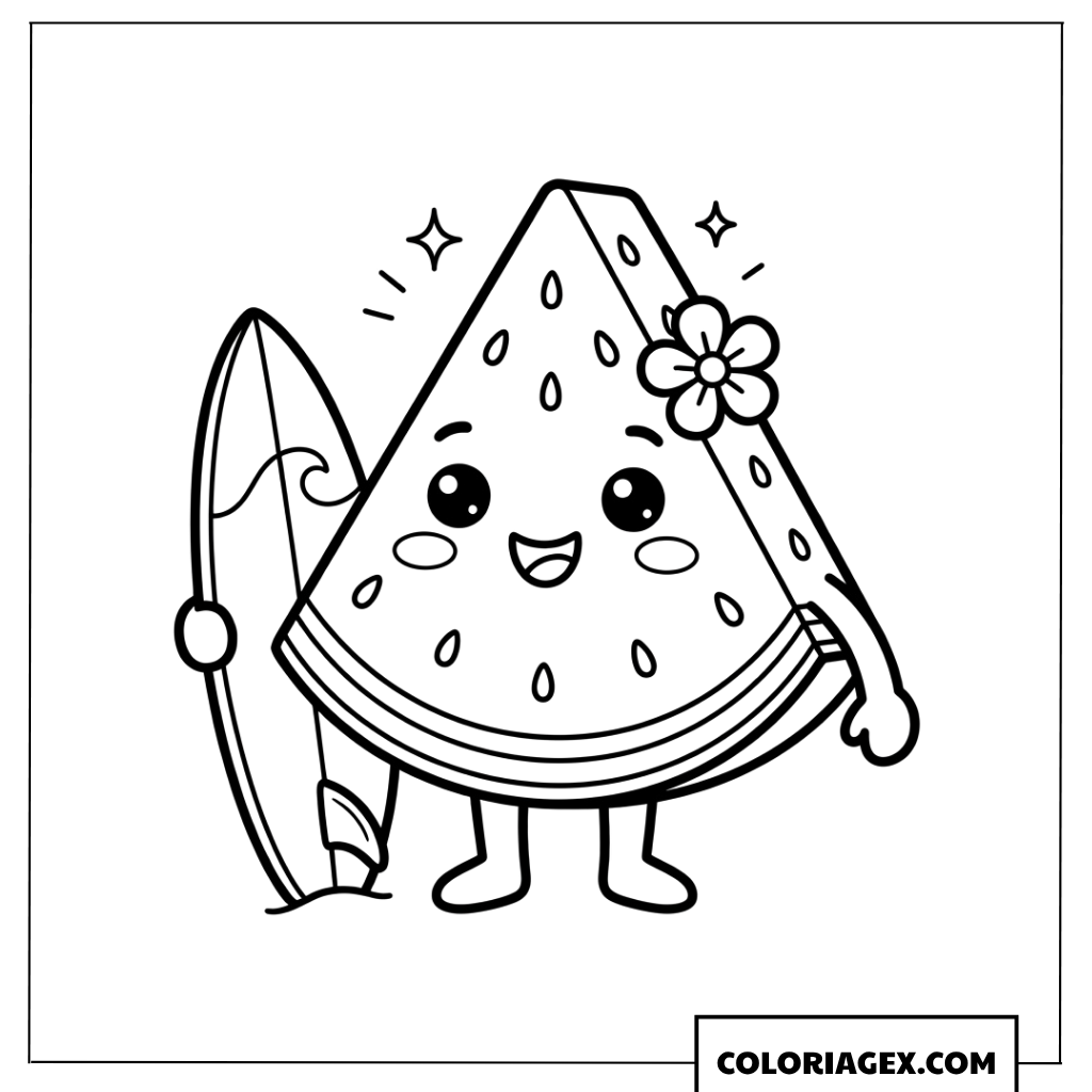 Dessin d une tranche de pasteque mignonne avec une planche de surf
