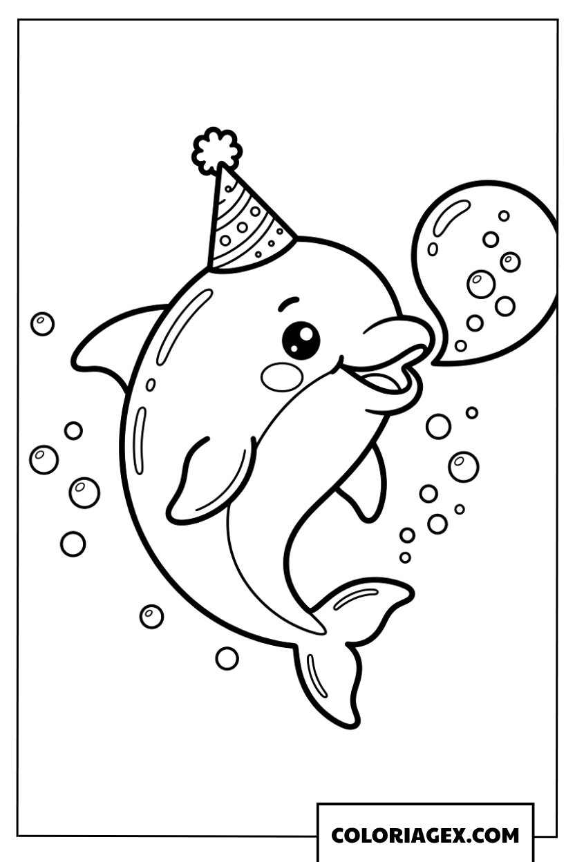Dessin dauphin chibi mignon avec un chapeau d'anniversaire