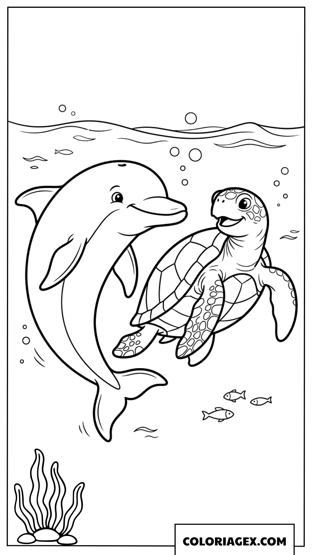 Dessin dauphin mignon nageant avec une tortue marine