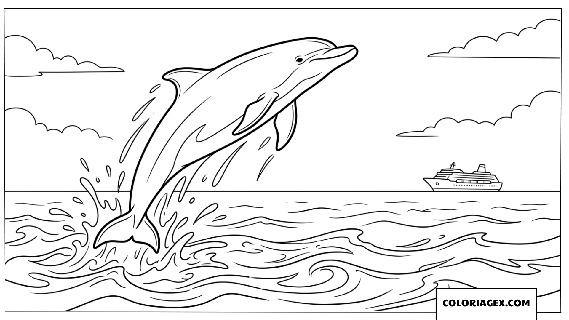 Dessin dauphin sautant avec un grand navire au loin