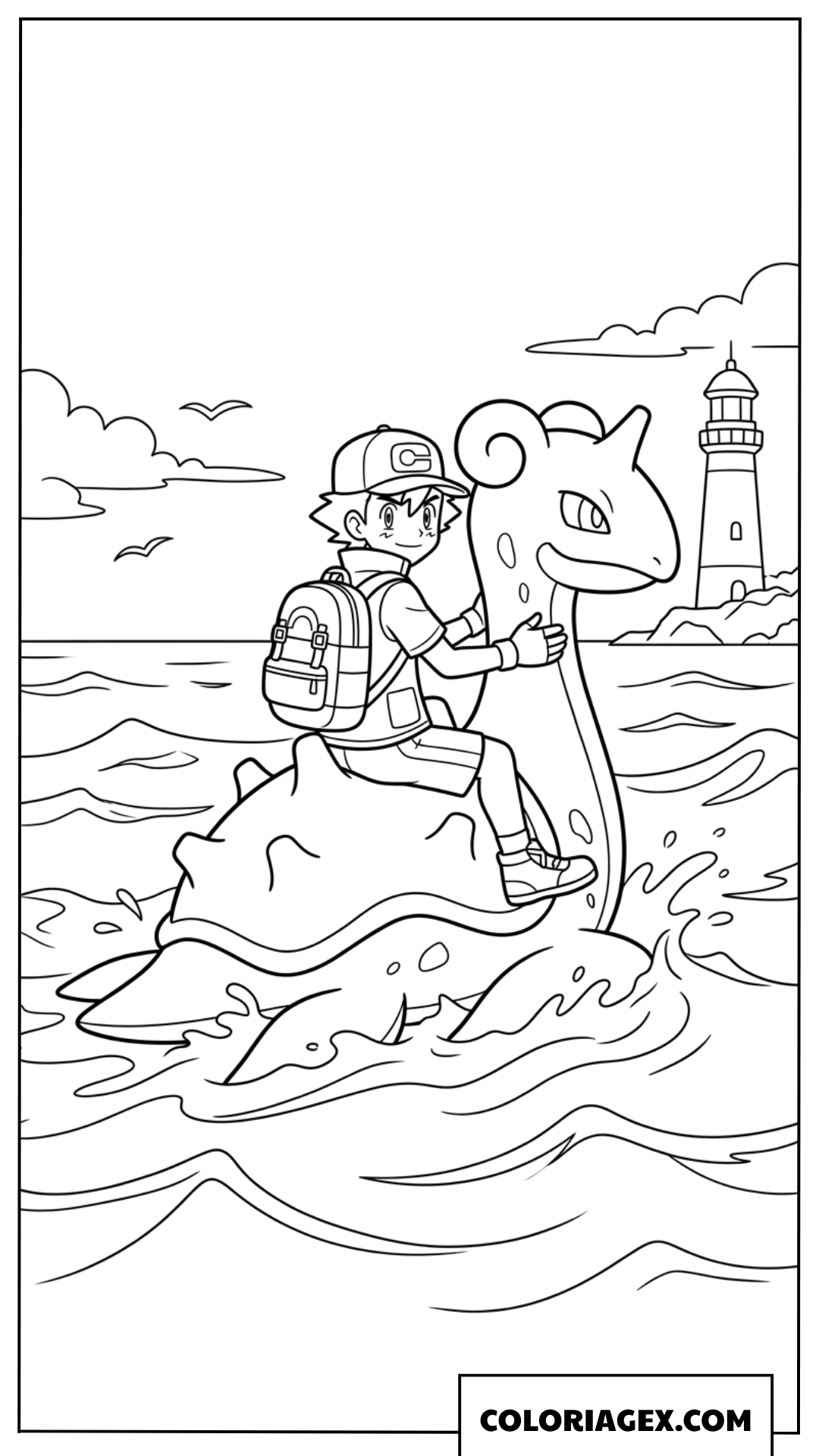 Dessin de Ash Ketchum voyageant sur le dos de Lapras