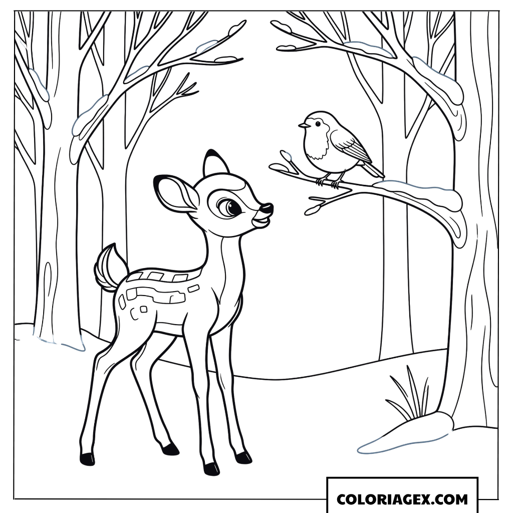 Dessin de Bambi le faon dans la foret enneigee a Noel