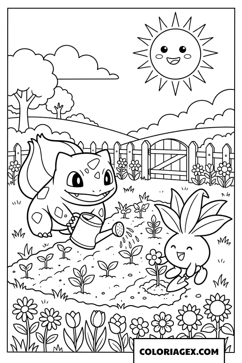 Dessin de Bulbasaur aidant Oddish a planter des fleurs