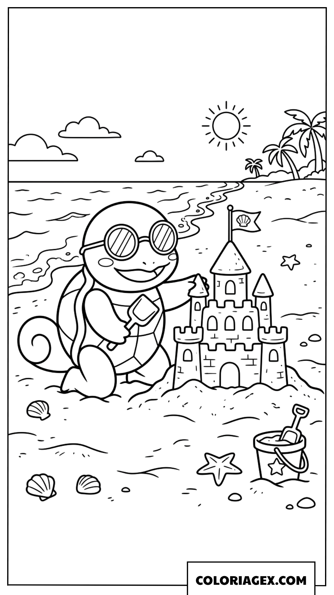 Dessin de Carapuce qui construit un château de sable