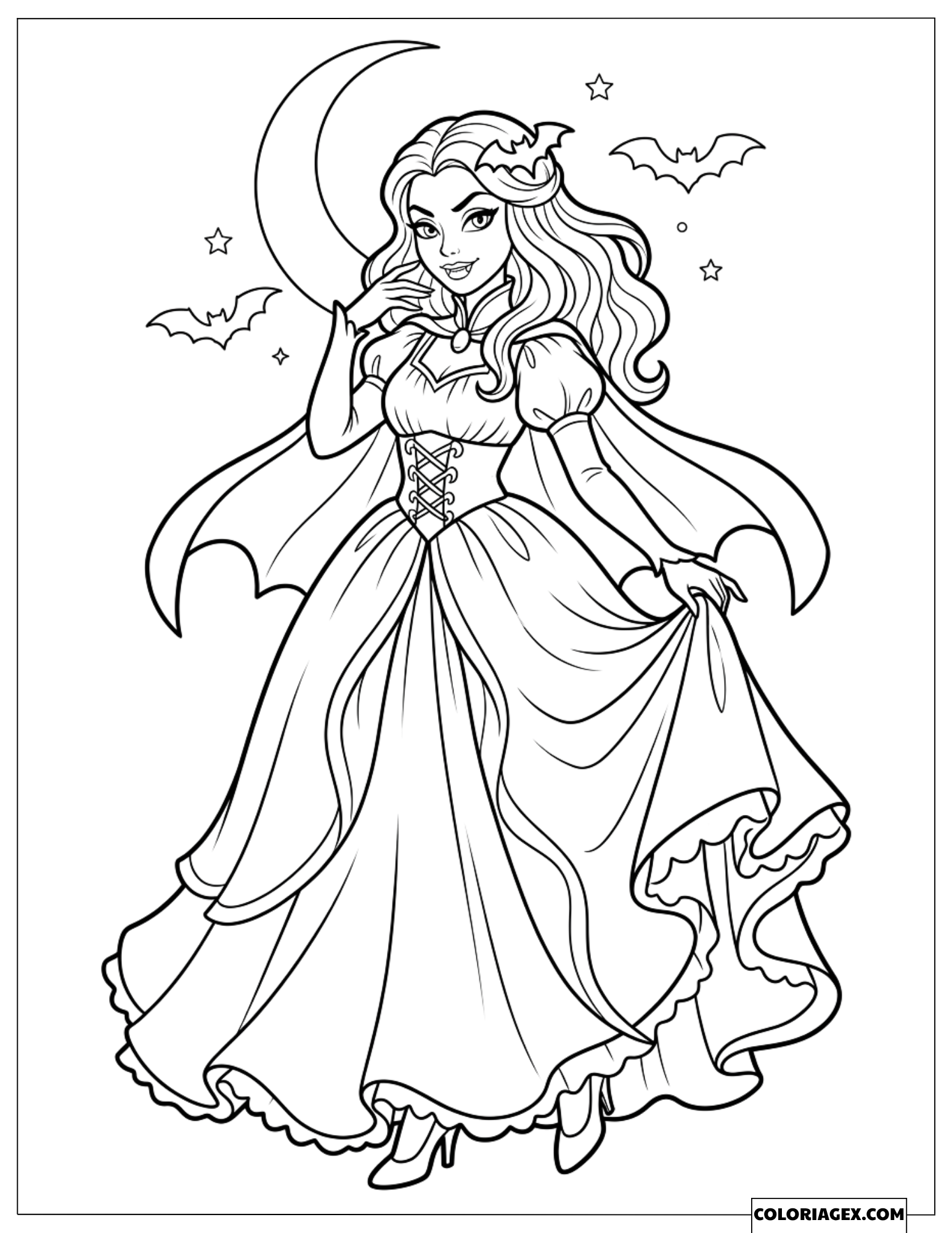 Dessin de Coloriage de la Reine Vampire en magnifique robe de bal