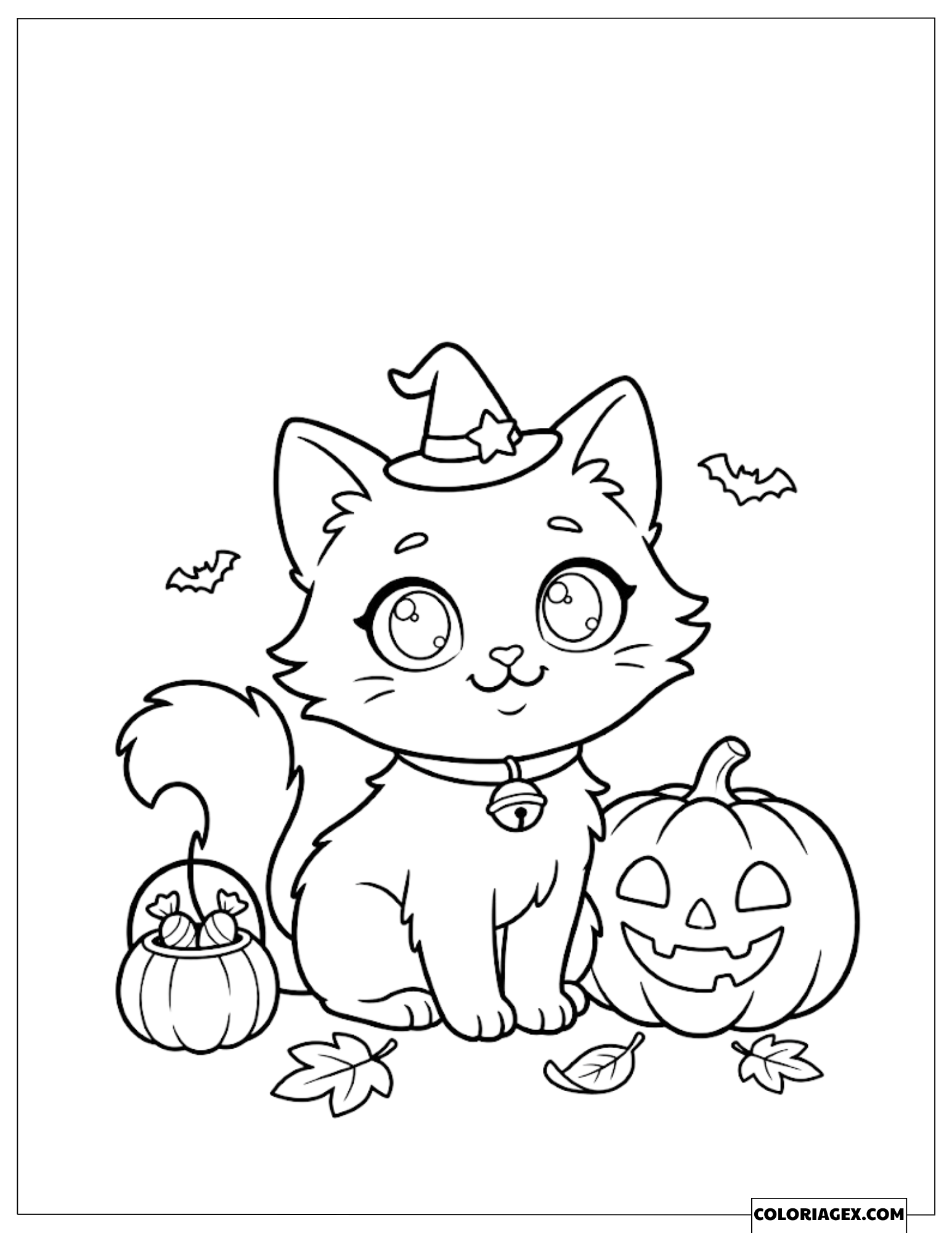 Dessin de Coloriage d'un Chaton portant un chapeau assis près d'une citrouille