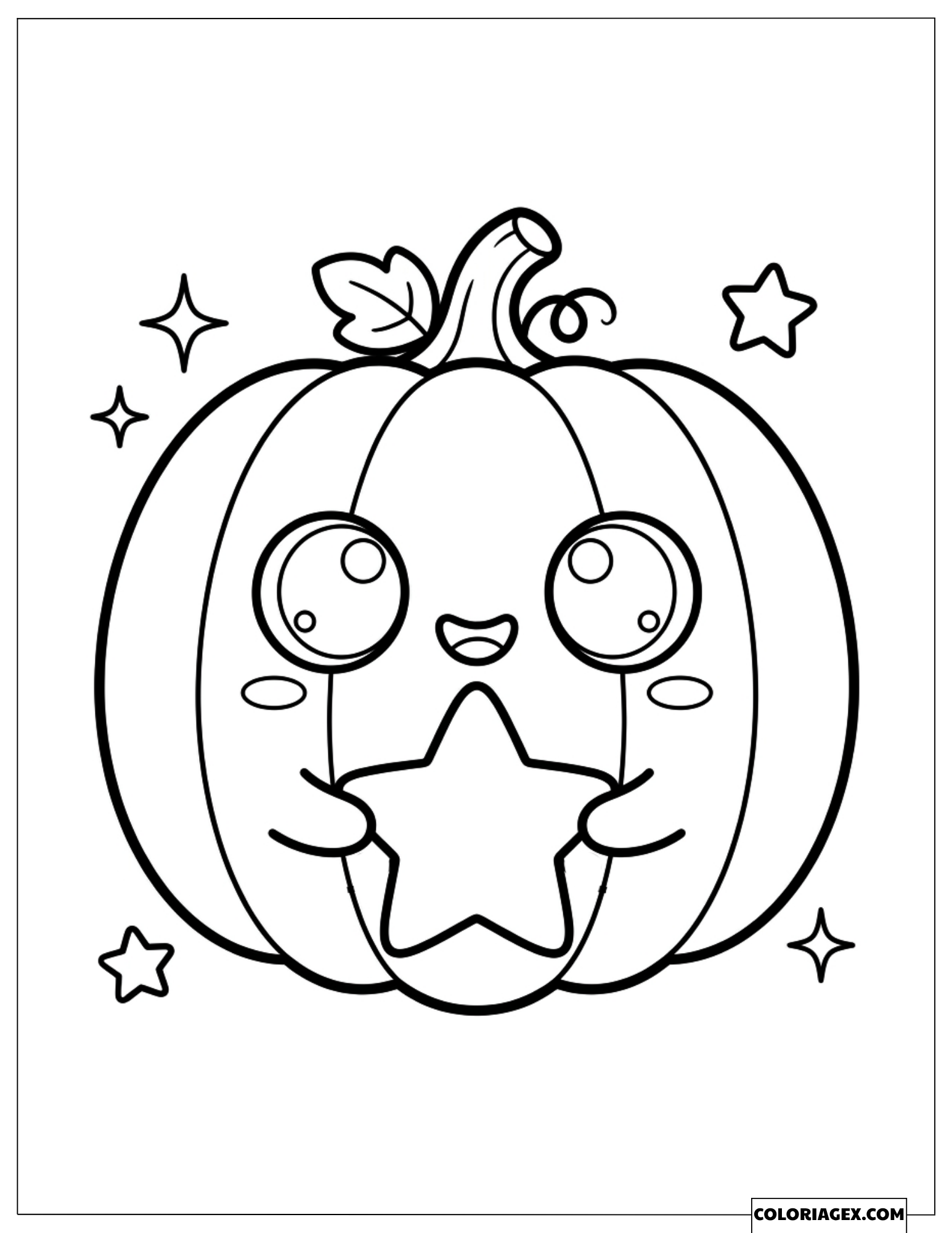 Dessin de Coloriage d'une Citrouille Kawaii adorable tenant une étoile