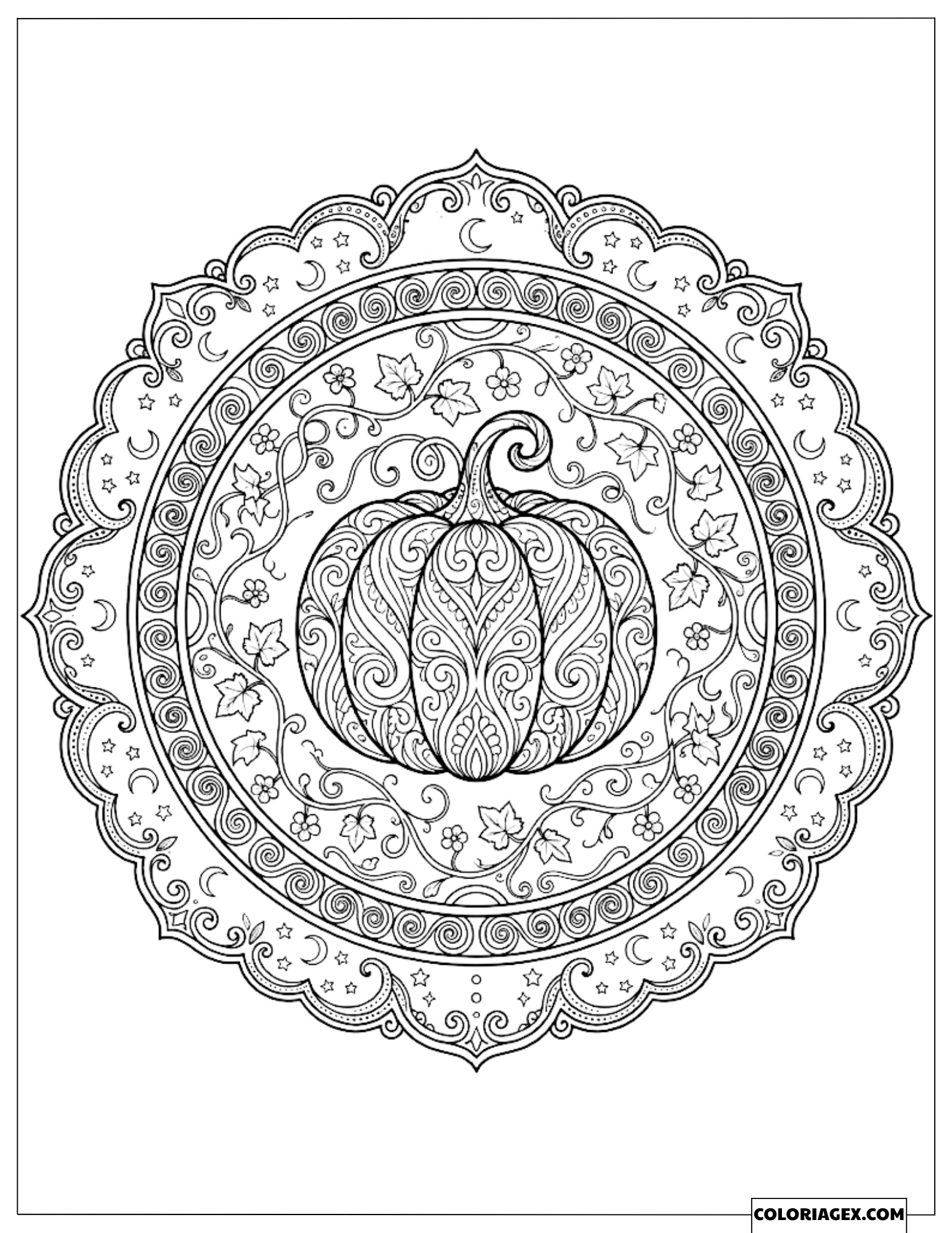Dessin de Coloriage d'une Citrouille Mandala entourée de motifs complexes