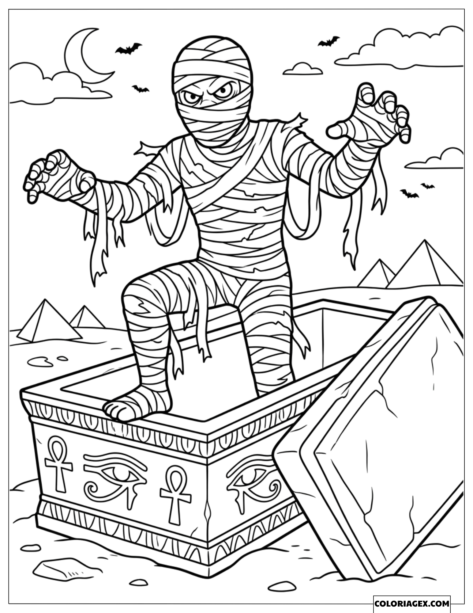 Dessin de Coloriage d'une Mummie effrayante sortant du sarcophage
