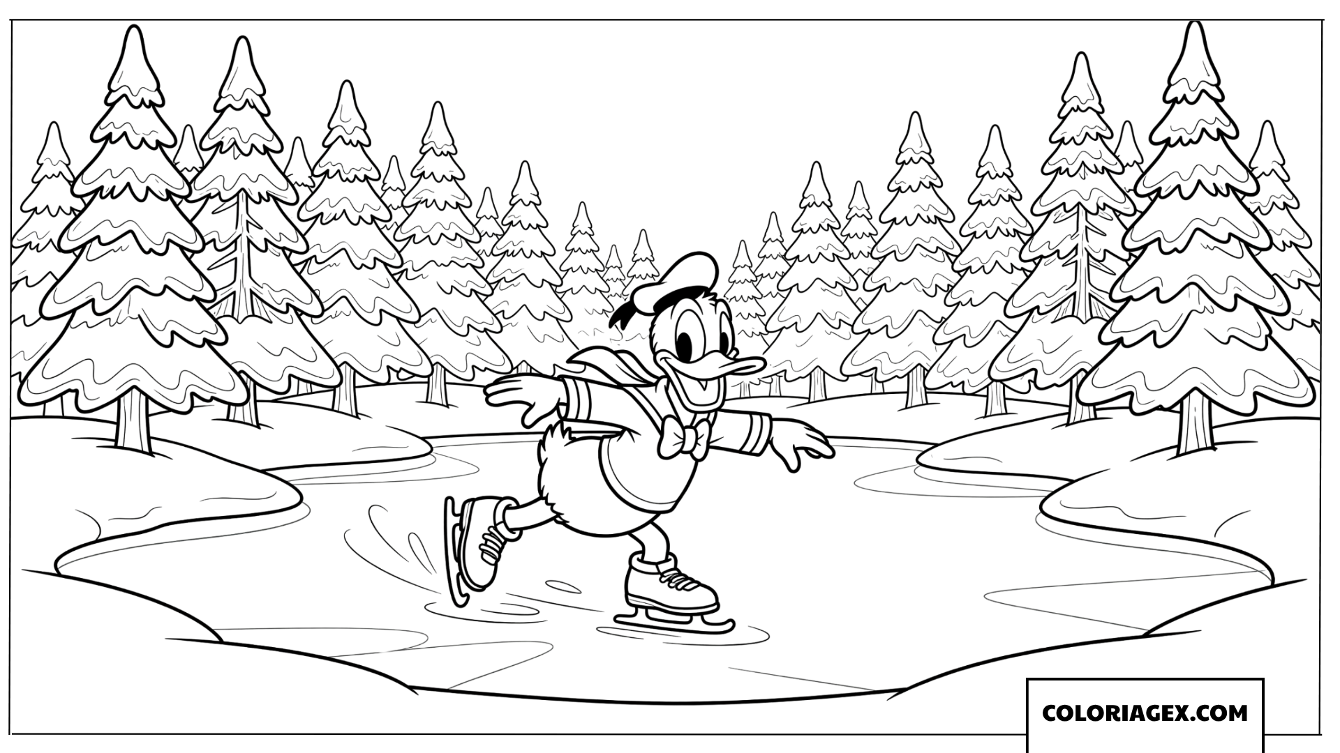 Dessin de Donald Duck faisant du patin a glace dans la foret en hiver