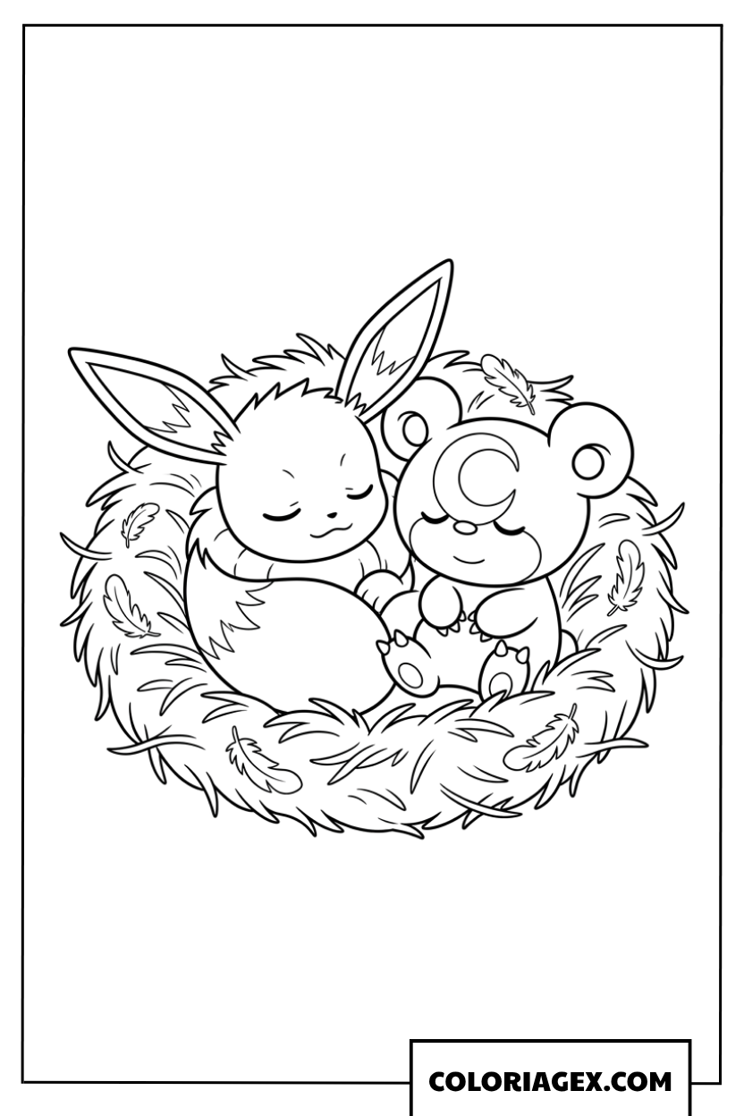 Dessin de Eevee et Teddiursa dormant dans un nid douillet