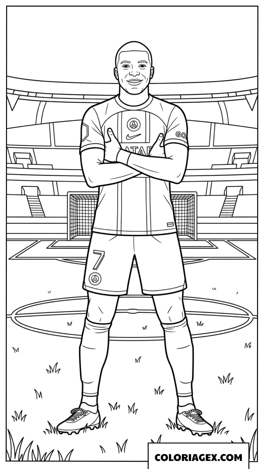 Dessin de Kylian Mbappe célébrant un but iconique sur le terrain