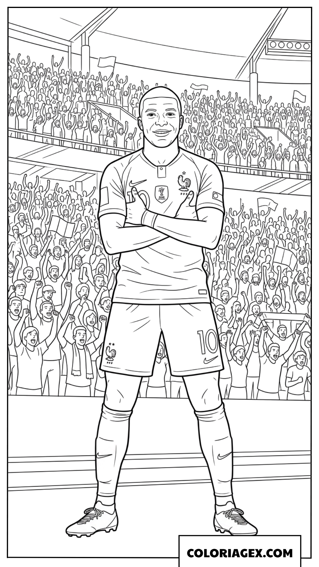 Dessin de Kylian Mbappe debout célébrant fièrement devant la foule