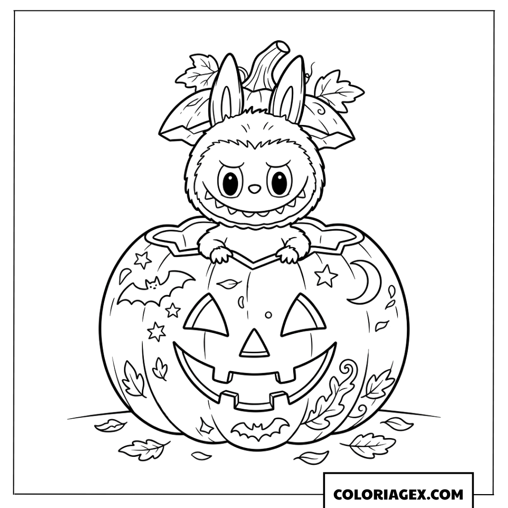 Dessin de Labubu assis dans une citrouille d'Halloween