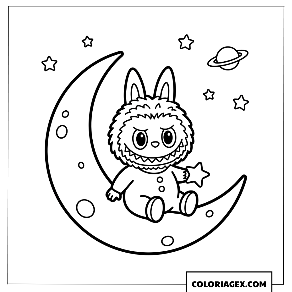 Dessin de Labubu assis sur un croissant de lune avec une étoile