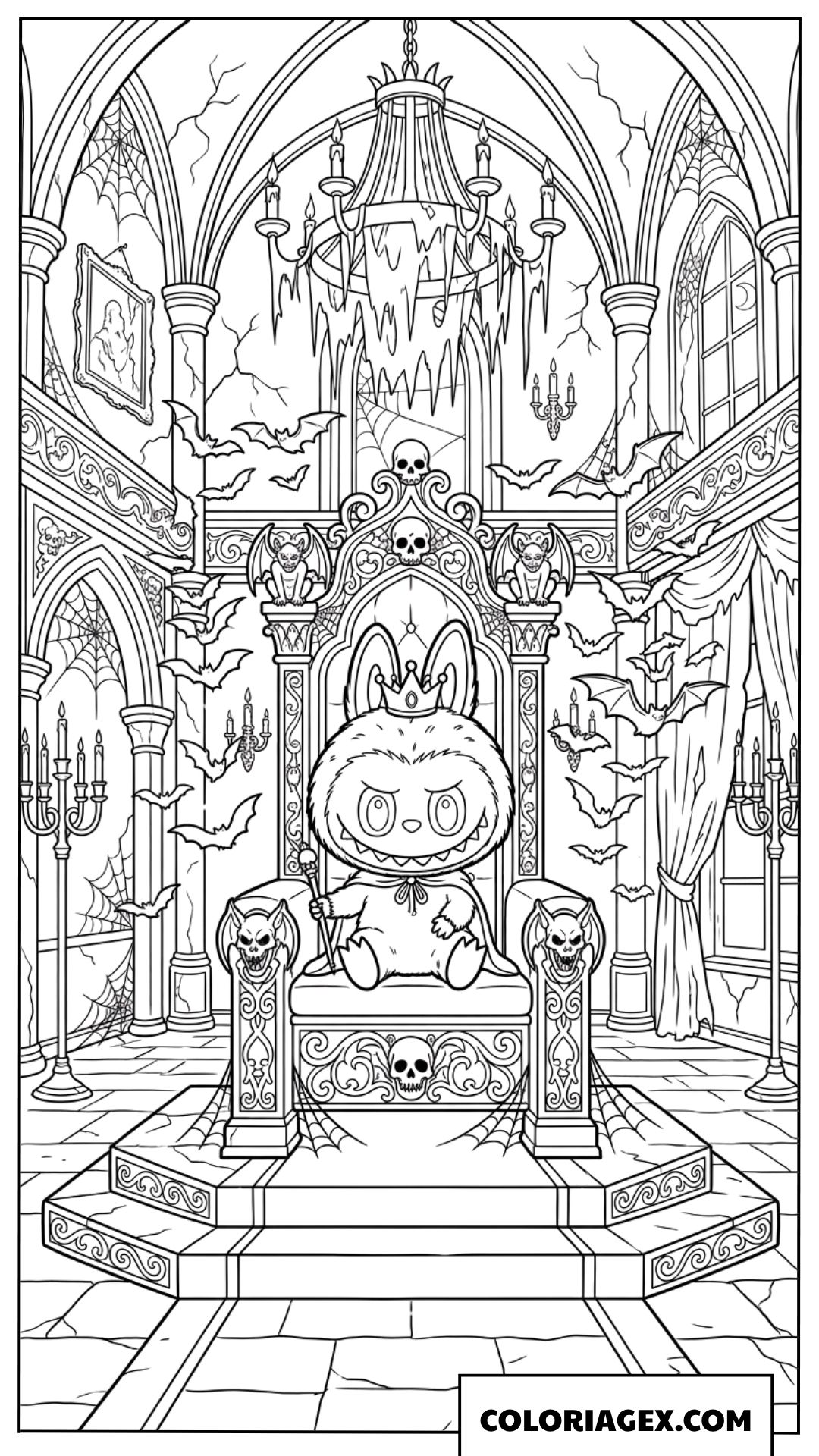 Dessin de Labubu assis sur un trône dans un château hanté