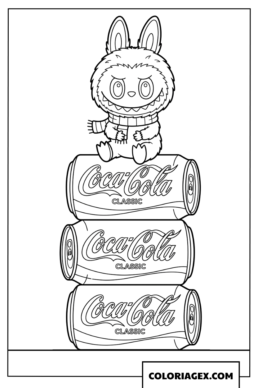 Dessin de Labubu assis sur une pile de canettes Coca Cola