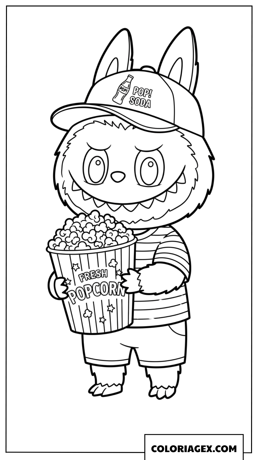 Dessin de Labubu avec casquette et un grand seau de pop corn