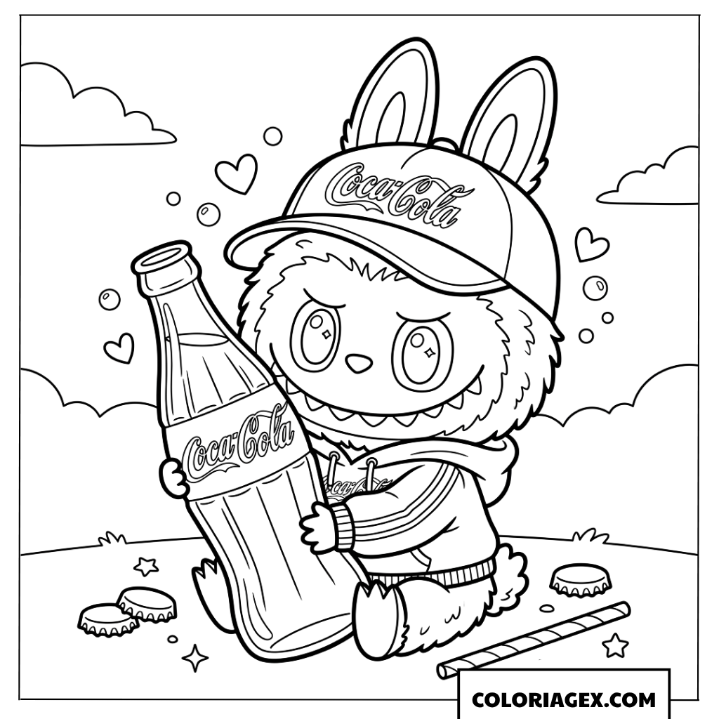 Dessin de Labubu avec une casquette tenant une bouteille de Coca Cola