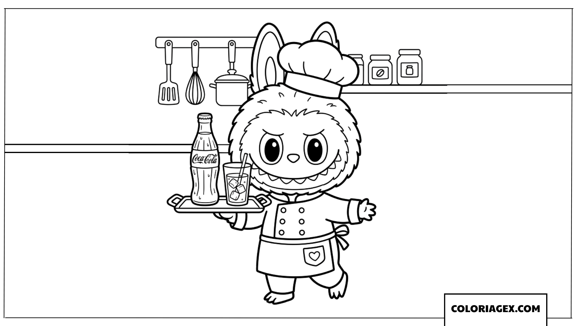 Dessin de Labubu chef cuisinier servant du Coca Cola