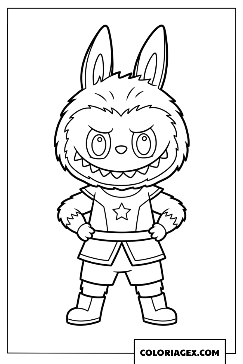 Dessin de Labubu dans une pose de super héros courageux