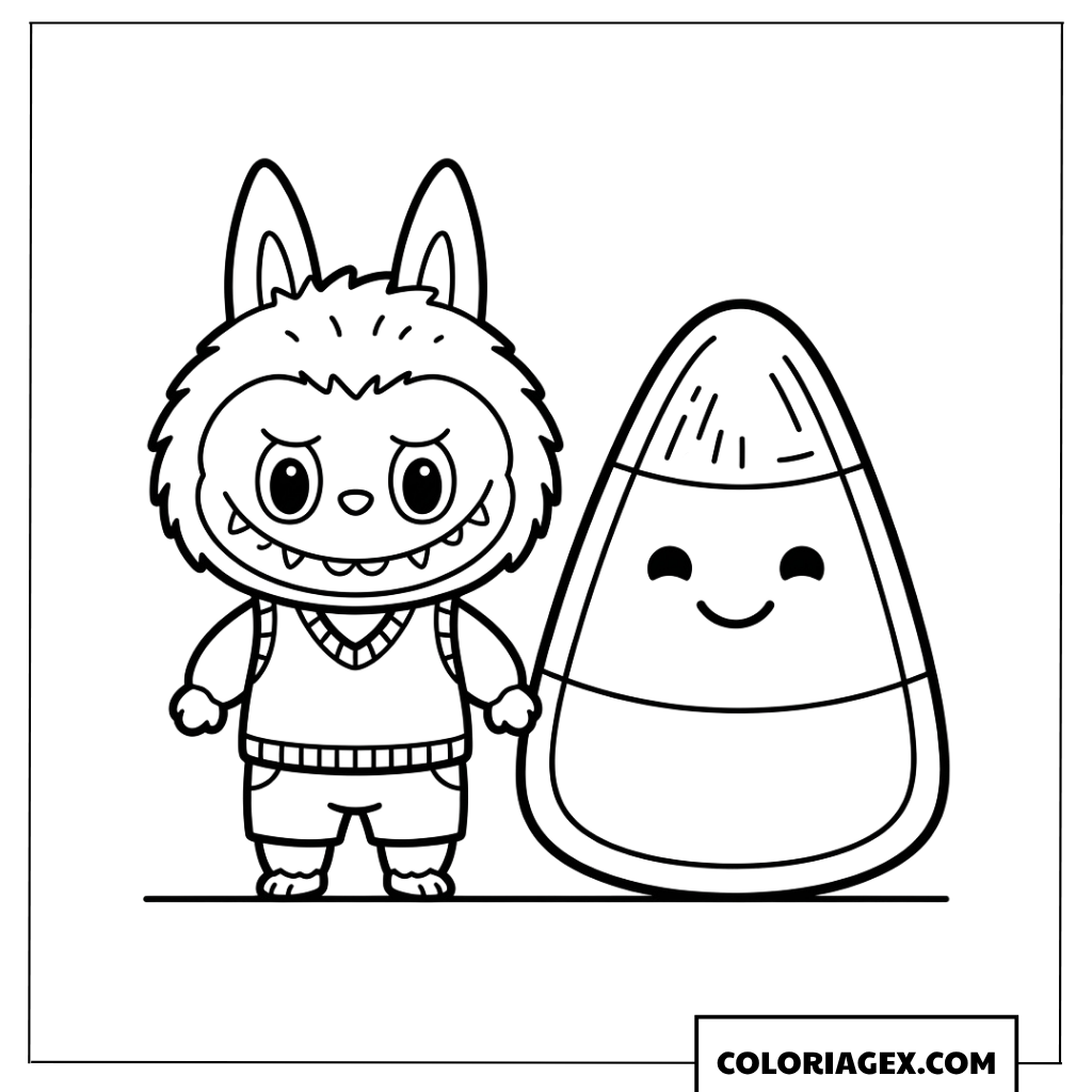 Dessin de Labubu debout à côté d'un bonbon d'Halloween