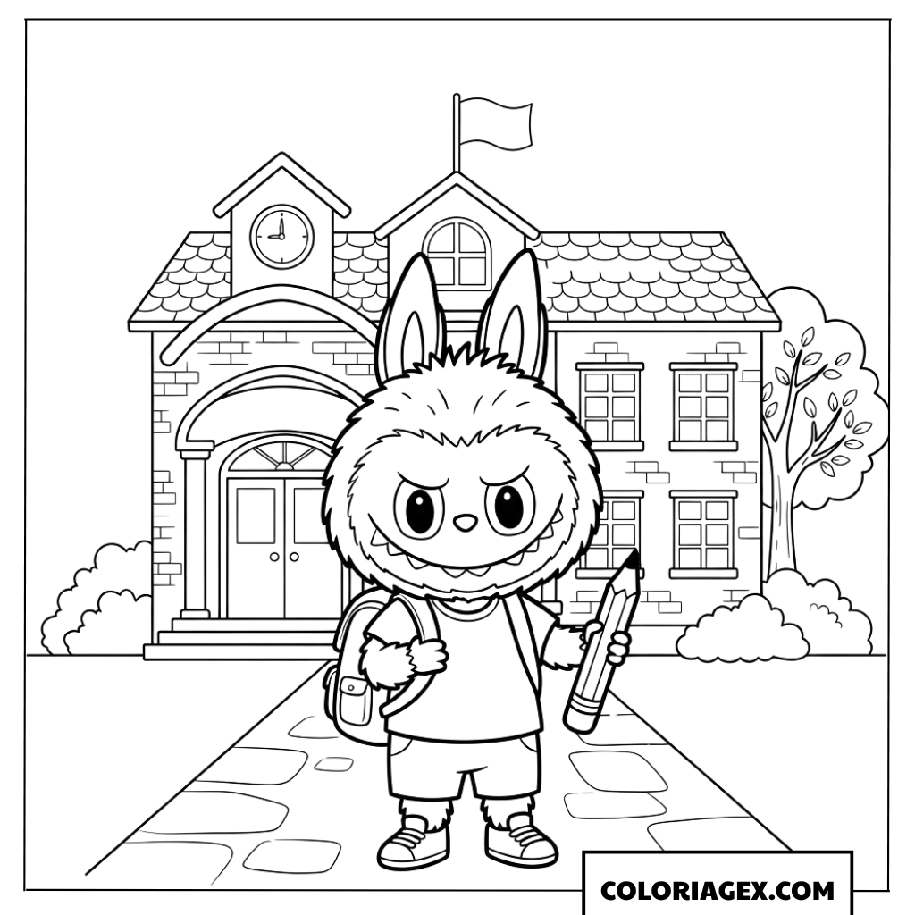 Dessin de Labubu devant son ecole avec un grand crayon