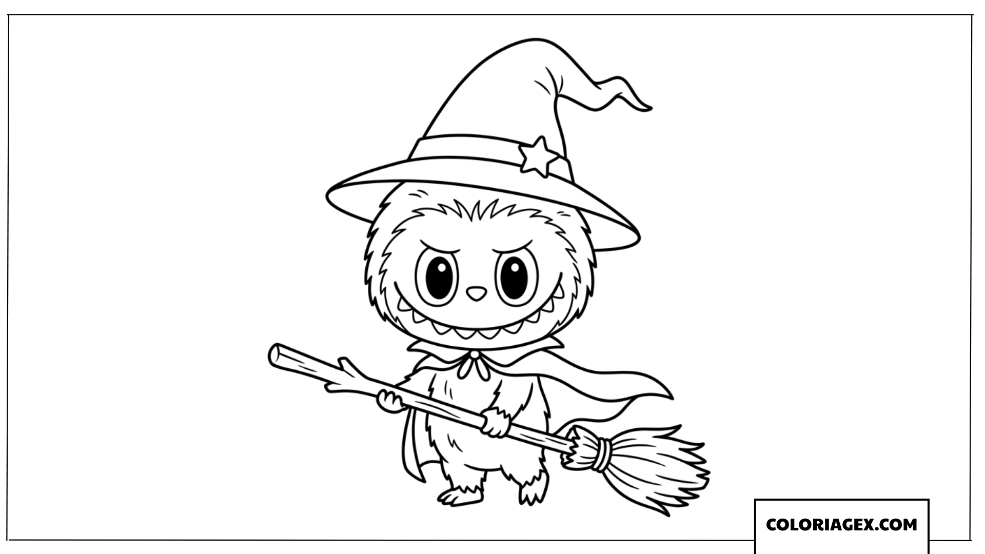 Dessin de Labubu en petite sorciere avec son balai magique