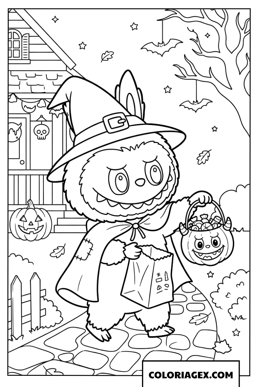 Dessin de Labubu en sorcière partant pour la chasse aux bonbons