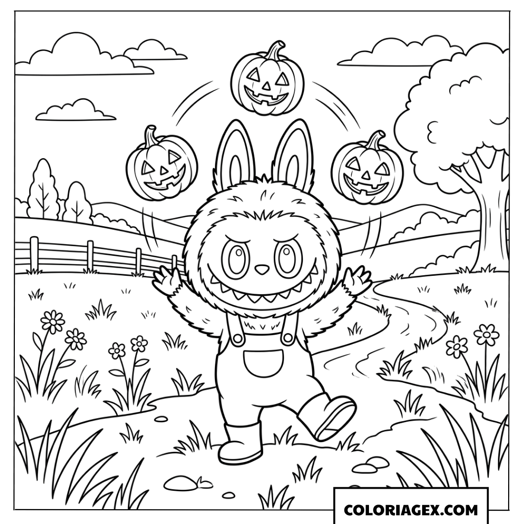 Dessin de Labubu jonglant avec des citrouilles d'Halloween