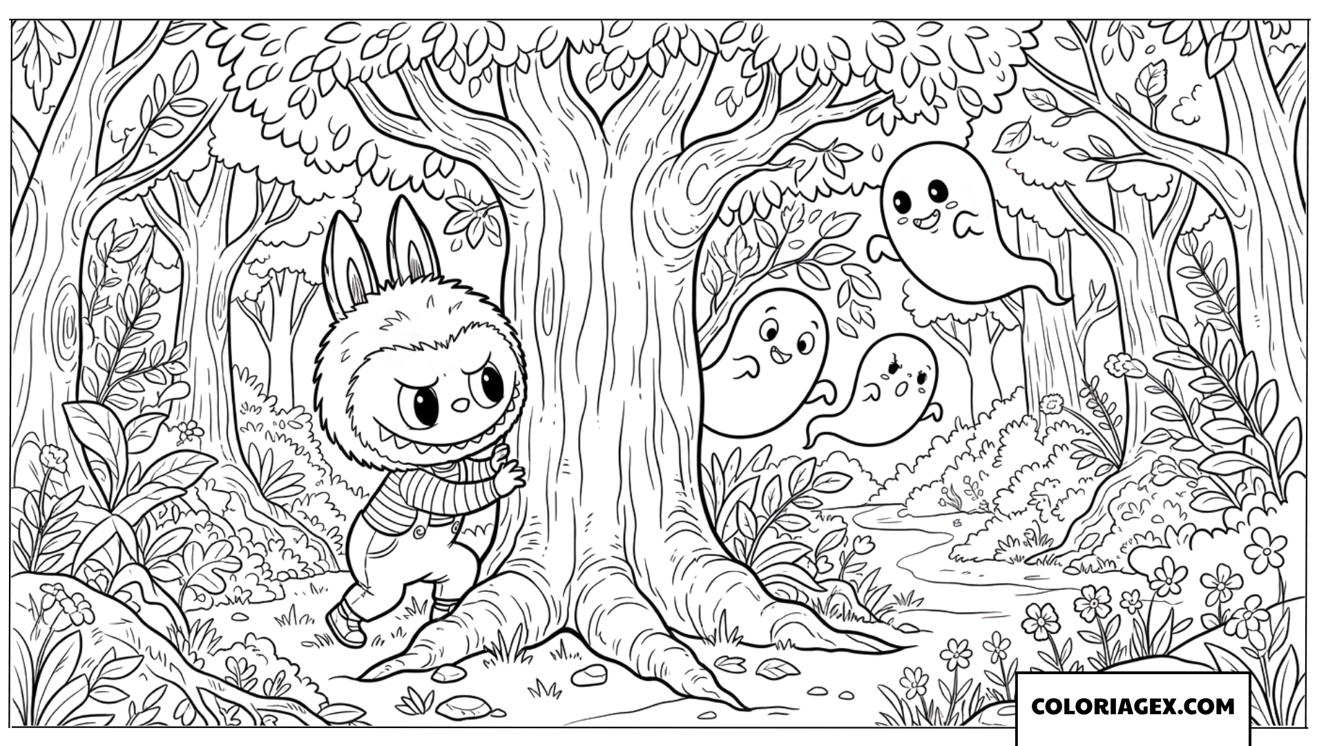 Dessin de Labubu jouant à cache-cache avec des fantômes