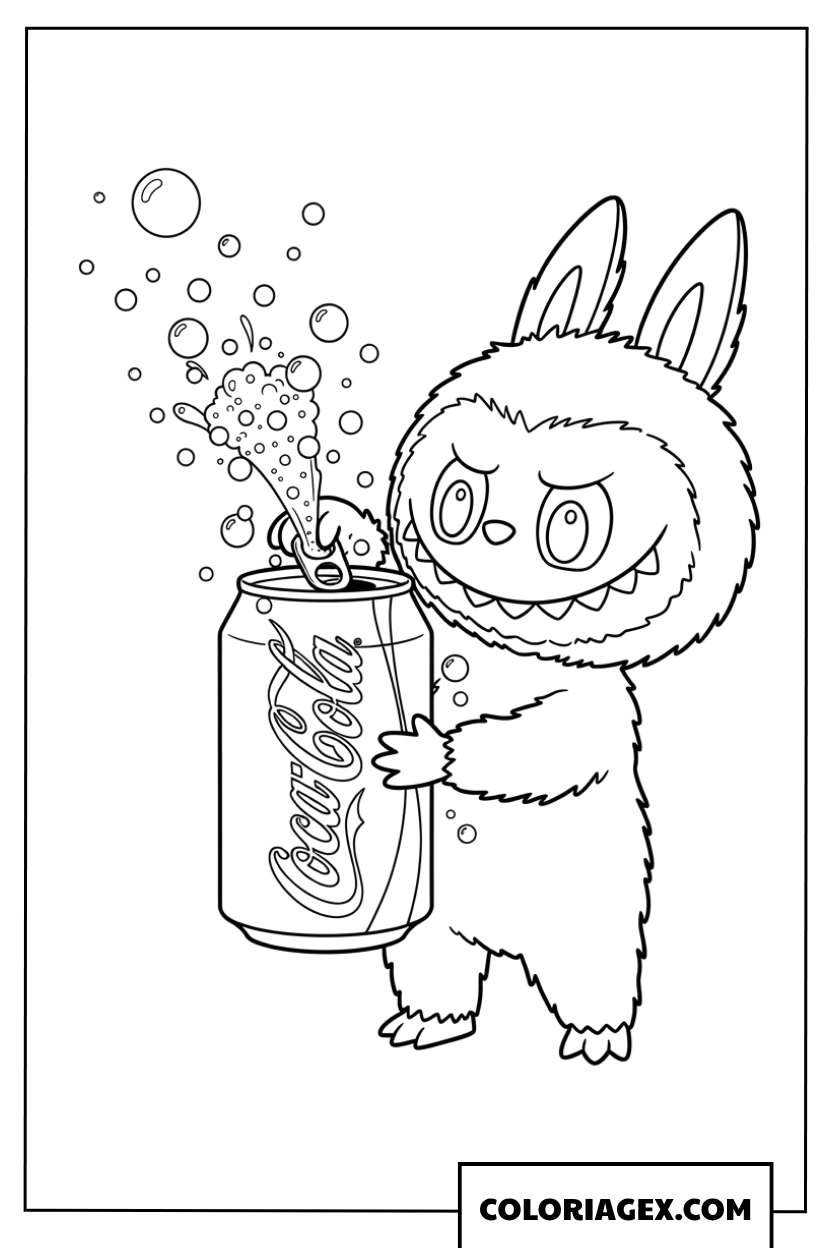 Dessin de Labubu ouvrant une canette de Coca Cola pétillante