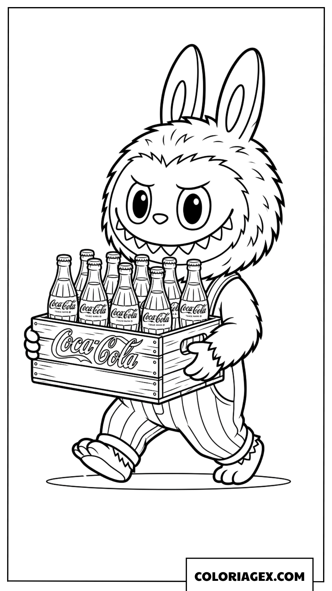 Dessin de Labubu portant une caisse de bouteilles Coca Cola