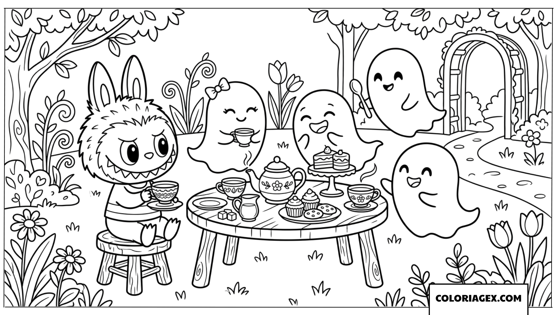 Dessin de Labubu prenant le thé avec des fantômes