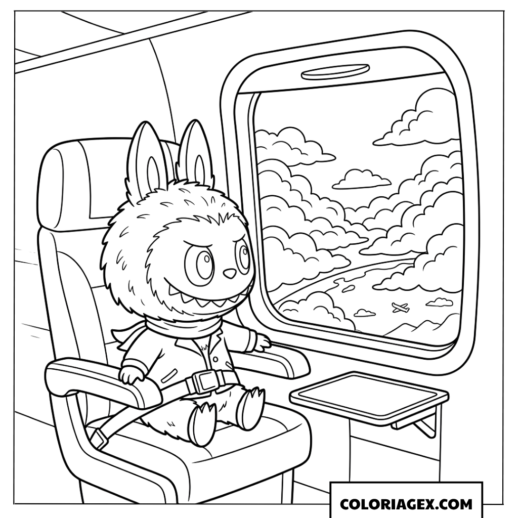 Dessin de Labubu qui voyage confortablement dans un avion