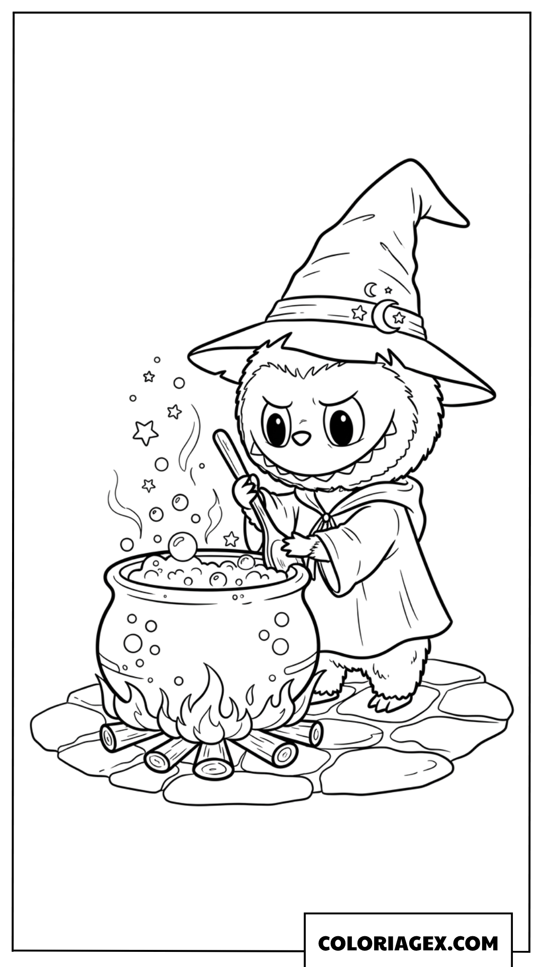 Dessin de Labubu sorcier remuant un chaudron magique