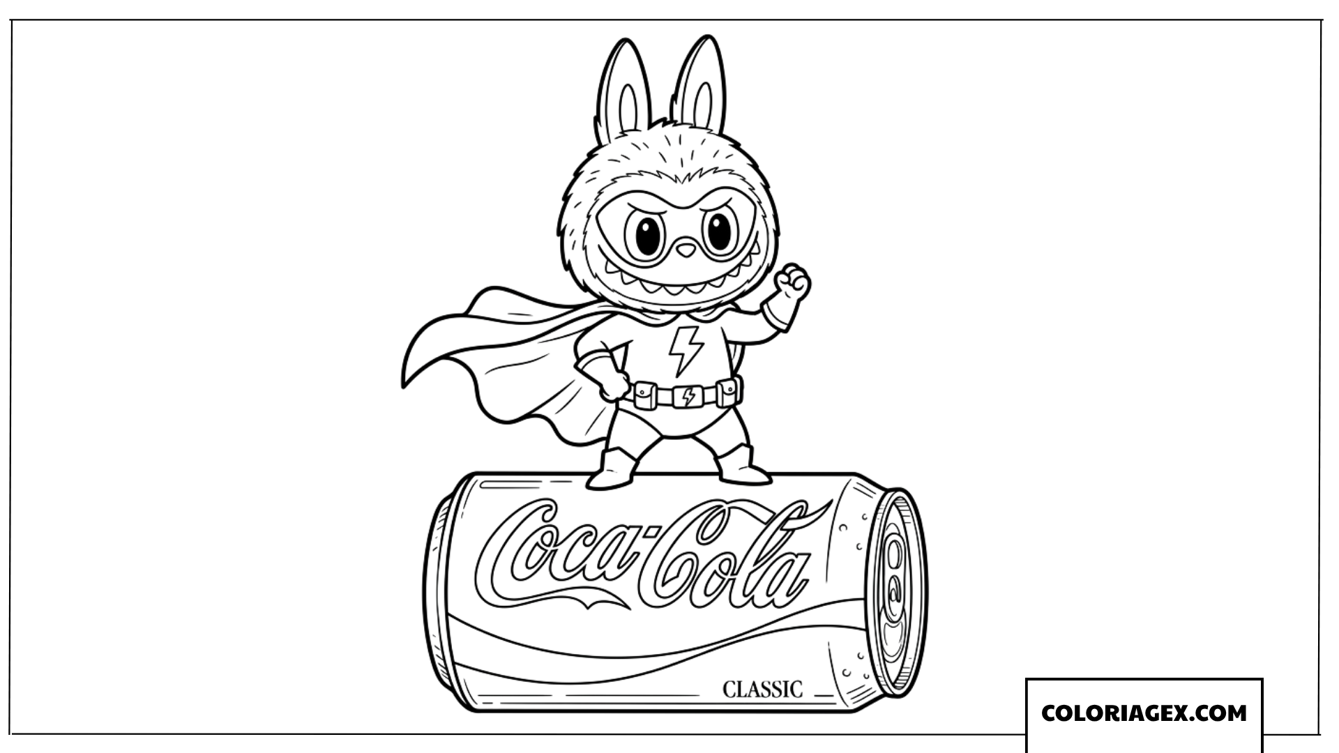 Dessin de Labubu super heros debout sur une canette Coca Cola